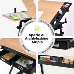 COSTWAY Tavolo Da Disegno Scrivania Per Arte Con Cassetti + Sgabello, Regolabile In Altezza Ed Inclinabile -Ufficio E Casa 11536430 3