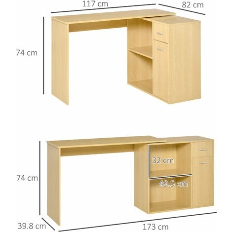 Homcom Scrivania Angolo Con 2 Ripiani E 2 Cassetti, Color Legno Rovere, 117x82x74cm 5 Homcom Scrivania Angolo Con 2 Ripiani E 2 Cassetti, Color Legno Rovere, 117x82x74cm - immagine 3