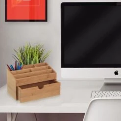 Organizer Portaoggetti Da Scrivania In Legno Bambu' Con 6 Scomparti E Cassetto -Ufficio E Casa 13408624 2
