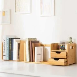 Organizer Libreria Scrivania Estensibile 4 Ripiani Tavolo 2 Cassetti Legno Bambu -Ufficio E Casa 13408626 3