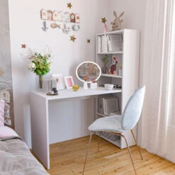 Scrivania Con Libreria Reversibile Salvaspazio Kirkensen Scrittoio Scaffali Laterali Mobile Desk Postazione Pc Da Studio Ufficio Soggiorno Sala Da Pranzo 120 X 144 X 53 Cm Colore Bianco -Ufficio E Casa 15252970 3