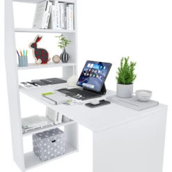 Scrivania Con Libreria Reversibile Salvaspazio Kirkensen Scrittoio Scaffali Laterali Mobile Desk Postazione Pc Da Studio Ufficio Soggiorno Sala Da Pranzo 120 X 144 X 53 Cm Colore Bianco -Ufficio E Casa 15252970 4
