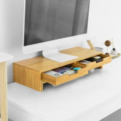 SoBuy Supporto Monitor Pc Da Scrivania Per 2 Monitors Angoli Girevole Con 2 Cassetti E Gomma Antiscivolo In Legno Massello Di Bambù BBF04-N -Ufficio E Casa 15881594 4