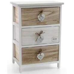 Trade Shop - Cassettiera Con 3 Cassetti 58x40x29cm Cuore Bianco Legno Naturale Casa Moderno