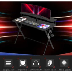 Homcom Scrivania Gaming Con Piano Rialzato Per Monitor E Gancio Cuffie In MDF E Acciaio Nero 140x60x90cm -Ufficio E Casa 20211976 4