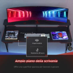 Homcom Scrivania Gaming Con Piano Rialzato Per Monitor E Gancio Cuffie In MDF E Acciaio Nero 140x60x90cm -Ufficio E Casa 20211976 5
