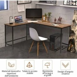 COSTWAY Scrivania Angolare In Legno E Ferro, Scrivania Porta PC Con Porta CPU, Scrivania Salvaspazio Ideale Per Studio E Ufficio, Portata Massima 100 Kg, 168 X 125 X 74 Cm Caffè -Ufficio E Casa 20949019 5