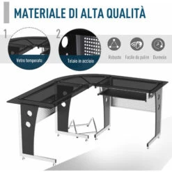 HomCom Scrivania Ad Angolo In Legno MDF Metallo E Vetro Nero 164 X 139 X 75cm -Ufficio E Casa 22194095 5