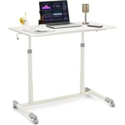Scrivania Per Computer Con Ruote Porta PC, Porta Cuffie, Compatta E Multifunzione, Bianco