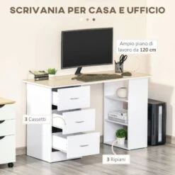 Homcom Scrivania Con 3 Cassetti E Ripiani In Legno Bianco 120x49x72cm -Ufficio E Casa 28946251 4