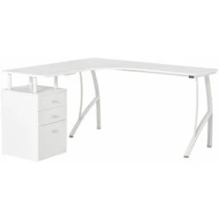 HOMCOM Scrivania Angolare Con Cassettiera, Scrivania Ufficio Porta PC In Legno E Metallo, Bianco, 143.5x143.5x76cm