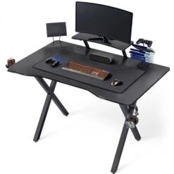 Yaheetech Scrivania Gaming Ergonomica, Scrivania Computer, Tavolo Da Gioco Per PC, Con Tappetino Ampio Mouse Supporto A Gancio Per Cuffie, Porta Bicchieri Porta Tablet 111 X 71 X 96 CM Gambe A Forma X