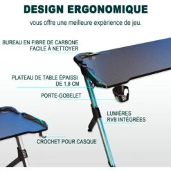SIRHONA Gaming Desk RGB Con LED - Progettato Per Giocare, Nero 120x60x75 Cm Tavolo Da Gioco Con Portabicchieri E Gancio Per Cuffie -Ufficio E Casa 33501920 3