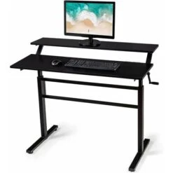 COSTWAY Scrivania Regolabile In Altezza, Scrivania Per Computer Laptop, Con Manovella, Scrivania Moderna In Acciaio E Legno, Con 2 Ripiani, Nero