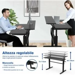 COSTWAY Scrivania Regolabile In Altezza, Scrivania Per Computer Laptop, Con Manovella, Scrivania Moderna In Acciaio E Legno, Con 2 Ripiani, Nero -Ufficio E Casa 34725751 3