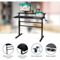 COSTWAY Scrivania Regolabile In Altezza, Scrivania Per Computer Laptop, Con Manovella, Scrivania Moderna In Acciaio E Legno, Con 2 Ripiani, Nero -Ufficio E Casa 34725751 5