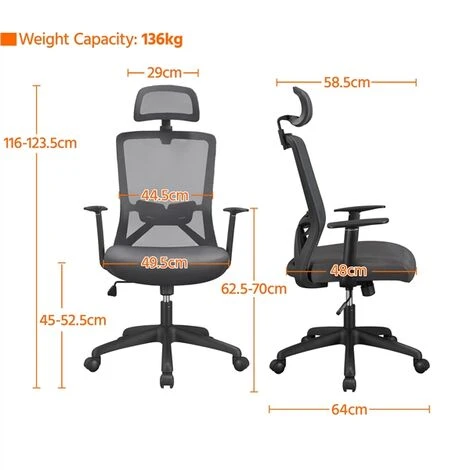Yaheetech Sedia Da Ufficio Scrivania Ergonomica Schienale Alto Reclinabile Con Poggiatesta Regolabile In Rete Traspirante Girevole A Rotelle Portata 136 Kg Scuro Grigio 5 Yaheetech Sedia Da Ufficio Scrivania Ergonomica Schienale Alto Reclinabile Con Poggiatesta Regolabile In Rete Traspirante Girevole A Rotelle Portata 136 Kg Scuro Grigio - immagine 3