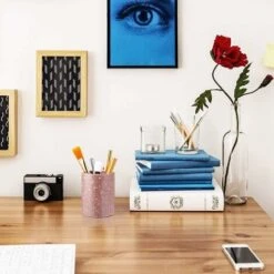 Portapennelli Per Trucco, Organizzatore Per Riporre Pennelli Per Trucco, Portapenne Rotondo, Portabicchieri Per Ragazze In PU Rosa Lucido Per Ufficio, Ufficio, Scuola, Casa -Ufficio E Casa 36032648 5