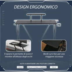 HOMCOM Scrivania Gaming, Con Ripiano Per Monitor E Supporti, Nero -Ufficio E Casa 36606785 5