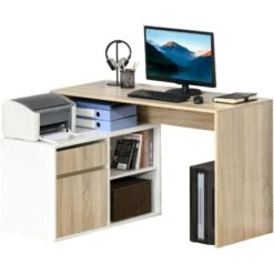 HOMCOM Scrivania Salvaspazio Angolare, Per Computer In Legno, Rovere E Bianco
