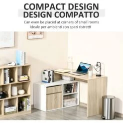 HOMCOM Scrivania Salvaspazio Angolare, Per Computer In Legno, Rovere E Bianco -Ufficio E Casa 36606838 5