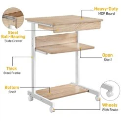 Yaheetech Scrivania Computer Ufficio Mobile Porta Pc Stampante Tastiera Scorrevole Con Ruote 56 X 51 X 79 Cm Legno Quercia Chiaro -Ufficio E Casa 37765898 5
