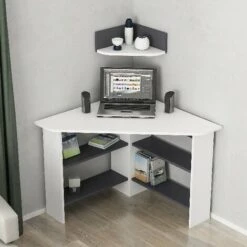 Scrivania Tuzzy - Angolare Salvaspazio - Con Ripiani, Mensola - Da Studio, Camera - Bianco, Antracite In Legno, 90 X 90 X 74 Cm -Ufficio E Casa 38159915 4