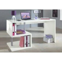 Dmora Scrivania Moderna Ad Esse Per Ufficio E Studio Con Scaffale, Made In Italy, Tavolo Da Computer, Scrittoio Porta PC, Cm 140x60h78, Colore Bianco Lucido, Con Imballo Rinforzato