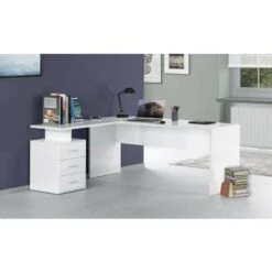 Dmora Scrivania Ad Angolo, Made In Italy, Tavolo Da Computer Minimal, Scrittoio Porta PC, Cm 160x60h75, Colore Bianco Lucido, Con Imballo Rinforzato
