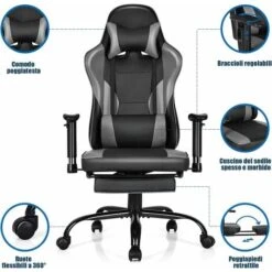 Sedia Da Gaming In Stile Gara, Sedia Da Gioco Con Altezza Regolabile E Poggiapiedi Retrattile, Sedia Reclinabile Con Schienale Alto (Nero) -Ufficio E Casa 39665875 4