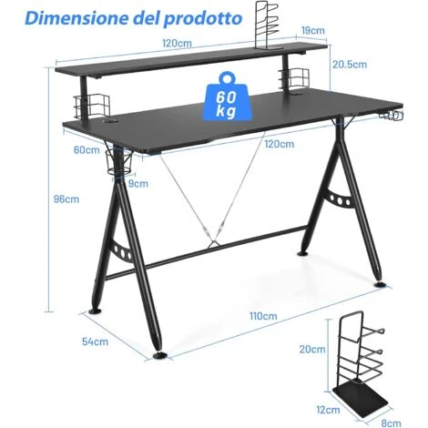 Scrivania Da Gaming 120 Cm, Con Mensola Per Monitor, Tavolo Per Computer Con Porta Videogiochi, Postazione Da Gaming Ergonomica A Forma Di Y Per Casa E Ufficio 6 Scrivania Da Gaming 120 Cm, Con Mensola Per Monitor, Tavolo Per Computer Con Porta Videogiochi, Postazione Da Gaming Ergonomica A Forma Di Y Per Casa E Ufficio - immagine 4
