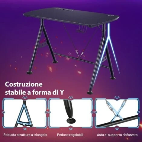 Scrivania Da Gaming 105 Cm, Tavolo Per Computer Con Porta Bicchiere E Gancio Per Cuffie, Postazione Da Gaming A Forma Di Y Con Foro Per Cavi, Nero 5 Scrivania Da Gaming 105 Cm, Tavolo Per Computer Con Porta Bicchiere E Gancio Per Cuffie, Postazione Da Gaming A Forma Di Y Con Foro Per Cavi, Nero - immagine 4