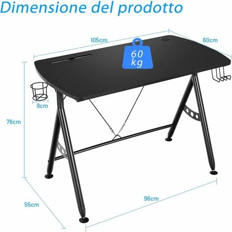 Scrivania Da Gaming 105 Cm, Tavolo Per Computer Con Porta Bicchiere E Gancio Per Cuffie, Postazione Da Gaming A Forma Di Y Con Foro Per Cavi, Nero 6 Scrivania Da Gaming 105 Cm, Tavolo Per Computer Con Porta Bicchiere E Gancio Per Cuffie, Postazione Da Gaming A Forma Di Y Con Foro Per Cavi, Nero - immagine 5