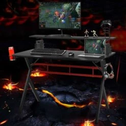 Scrivania Da Gaming Tavolo Per Computer Ergonomico, Con Mensola Porta Bicchiere E Gancio Per Cuffie, 120 X 64 X 97 Cm, Nero -Ufficio E Casa 46386493 3