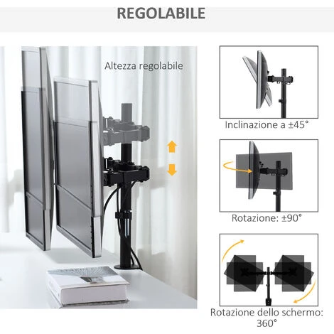 Vinsetto Doppio Supporto Monitor Per Scrivania, Altezza, Inclinazione E Orientamento Regolabili, Monitor 13-32'' - Nero 7 Vinsetto Doppio Supporto Monitor Per Scrivania, Altezza, Inclinazione E Orientamento Regolabili, Monitor 13-32'' - Nero - immagine 5