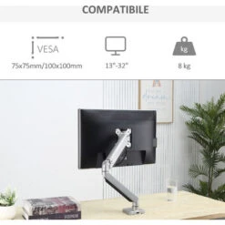Vinsetto Supporto Monitor Da 13-32'' In Alluminio Regolabile In Altezza E Inclinazione, Orientamento Verticale/Orizzontale - Argento -Ufficio E Casa 48390580 4