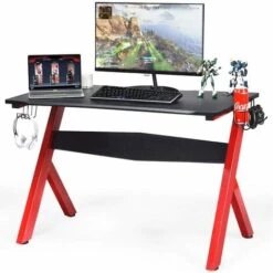 COSTWAY Scrivania Da Gaming, Scrivania Per Computer Con Porta Bicchiere, Tavolo Da Gamer Con Superficie In Fibra Di Carbonio, Capacità Di Carico 100 Kg, Nero