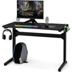 COSTWAY Scrivania Da Gaming, Tavolo Ergonomica Per Computer, Tavolo Videogiochi Con Porta Bicchiere Gancio Per Cuffie, Postazione Da Gamer, Struttura In Acciaio A Forma Di T, Ideale Per Casa Ufficio S