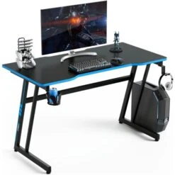 COSTWAY Scrivania Da Gaming 120 Cm, Tavolo Ergonomico Per Computer A Forma Di Z, Con Gancio Regolabile Per Cuffie, Porta Bicchiere, Ideale Per Casa E Ufficio (Blu)
