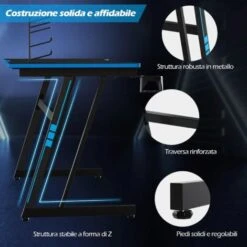 COSTWAY Scrivania Da Gaming 120 Cm, Tavolo Ergonomico Per Computer A Forma Di Z, Con Gancio Regolabile Per Cuffie, Porta Bicchiere, Ideale Per Casa E Ufficio (Blu) -Ufficio E Casa 52971015 5