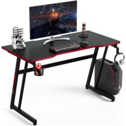 COSTWAY Scrivania Da Gaming 120 Cm, Tavolo Ergonomico Per Computer A Forma Di Z, Con Gancio Regolabile Per Cuffie, Porta Bicchiere, Ideale Per Casa E Ufficio (Rosso)