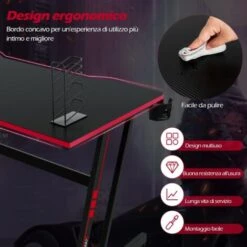 COSTWAY Scrivania Da Gaming 120 Cm, Tavolo Ergonomico Per Computer A Forma Di Z, Con Gancio Regolabile Per Cuffie, Porta Bicchiere, Ideale Per Casa E Ufficio (Rosso) -Ufficio E Casa 52971018 4