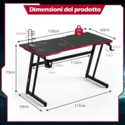 COSTWAY Scrivania Da Gaming 120 Cm, Tavolo Ergonomico Per Computer A Forma Di Z, Con Gancio Regolabile Per Cuffie, Porta Bicchiere, Ideale Per Casa E Ufficio (Rosso) -Ufficio E Casa 52971018 5