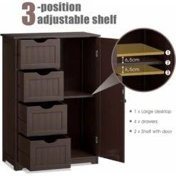 GIANTEX Armadietto Bagno Autoportante, Da Terra, Con 4 Cassetti E Un’Anta, Ripiano Regolabile In Altezza, Legno, 55x30x81cm (marrone) -Ufficio E Casa 58840391 3