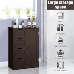 GIANTEX Armadietto Bagno Autoportante, Da Terra, Con 4 Cassetti E Un’Anta, Ripiano Regolabile In Altezza, Legno, 55x30x81cm (marrone) -Ufficio E Casa 58840391 4
