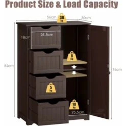 GIANTEX Armadietto Bagno Autoportante, Da Terra, Con 4 Cassetti E Un’Anta, Ripiano Regolabile In Altezza, Legno, 55x30x81cm (marrone) -Ufficio E Casa 58840391 5