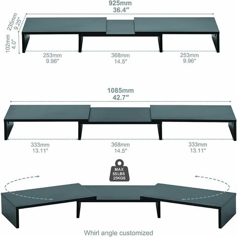 FITUEYES Supporto Monitor Supporto Per Monitor In Legno Con Lunghezza E Angoli Regolabili Per 2 Monitor 92,5-108 X 23,5 X 10,2cm (Nero) DT108001WB 6 FITUEYES Supporto Monitor Supporto Per Monitor In Legno Con Lunghezza E Angoli Regolabili Per 2 Monitor 92,5-108 X 23,5 X 10,2cm (Nero) DT108001WB - immagine 4