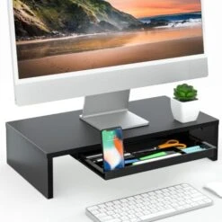 FITUEYES Supporto Monitor Supporto Per Monitor In Legno Con Cassetto 42.5x23.5x10cm (Nero) DT104101WB