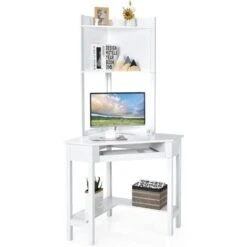 COSTWAY Scrivania Angolare In Legno, Scrivania Porta PC Con Libreria, Vassoio Per Tastiera E Ripiani, Scrivania Salvaspazio E Moderna Per Casa E Ufficio, 70 X 70 X 172 Cm, Bianco