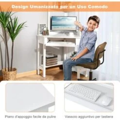 COSTWAY Scrivania Angolare In Legno, Scrivania Porta PC Con Libreria, Vassoio Per Tastiera E Ripiani, Scrivania Salvaspazio E Moderna Per Casa E Ufficio, 70 X 70 X 172 Cm, Bianco -Ufficio E Casa 60804720 5